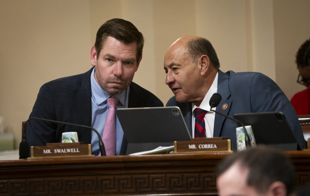 Nov 15, 2023; Washington, DC, USA; Congressman Eric Swalwell (D-CA) and Congressman Lou Correa (D-CA) during the “Worldwide Threats to the Homeland” hearing by the House Committee on Homeland Security on Wednesday, Nov. 15, 2023.