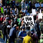 Demonstrators gather at Wasioto Park during a “No Kings” protest on Saturday, March 28, 2026, in Nashville, Tenn. The protest was one of hundreds nationwide opposing President Donald Trump and his administration.