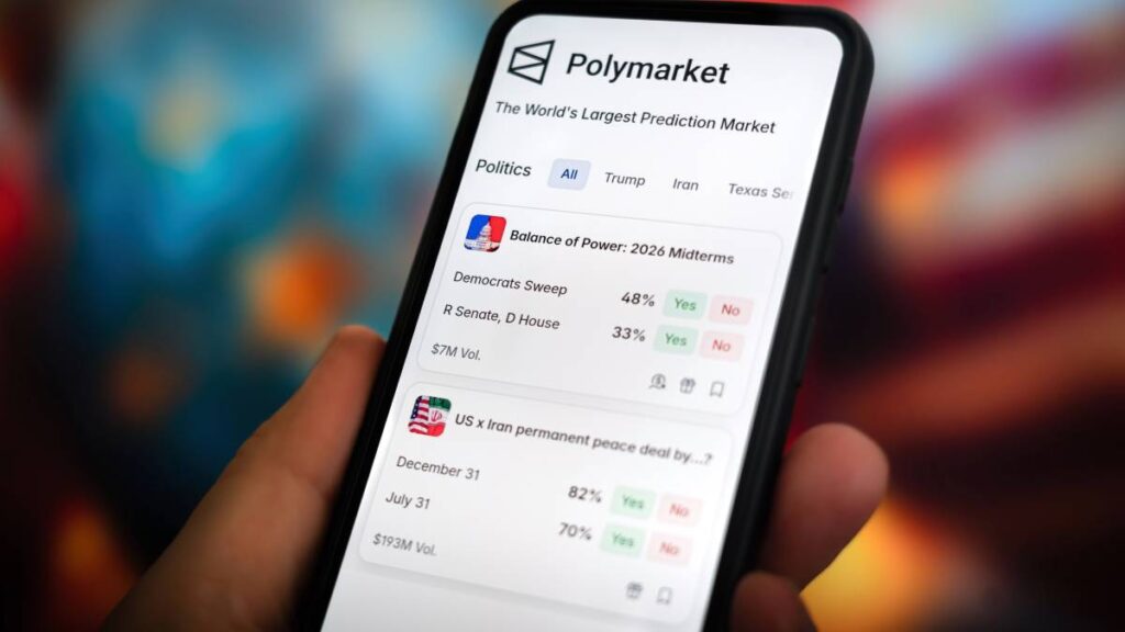 Polymarket website interface displaying prediction markets and trading options.
